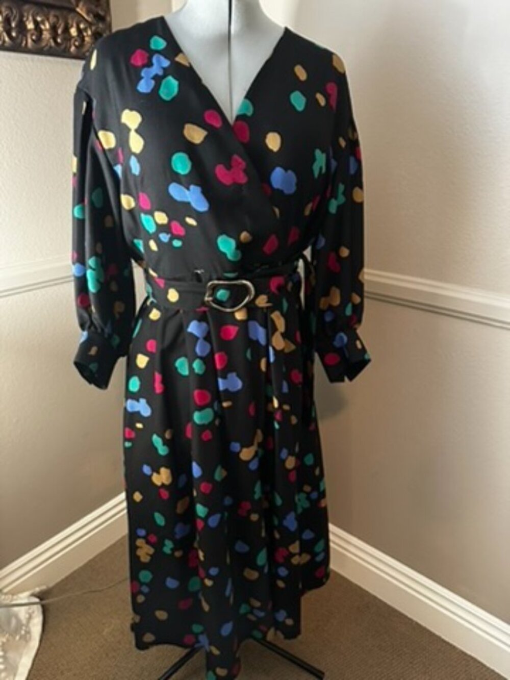Lafayette 148 Doha Scattered Dot Print Silk Wrap Dress Maxi Black Size 12